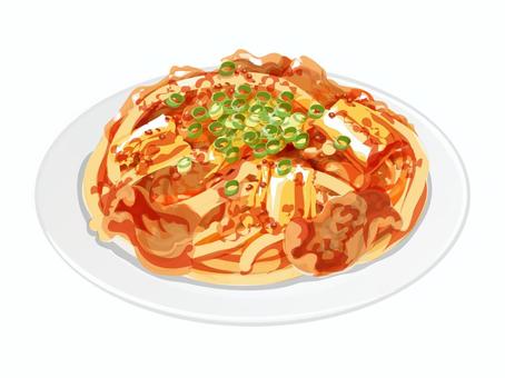 豚キムチの焼きうどん 焼きうどん,豚キムチ,うどん,麺類,料理,食べ物,キムチ,ネギ,皿のイラスト素材