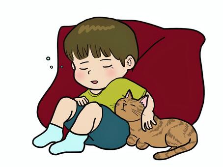 一緒にお昼寝 子供,ネコ,男の子,睡眠,昼寝,仲良し,クッション,居眠り,トラねこ,ほのぼののイラスト素材