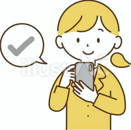 チェックマークとスマホを持つ女性