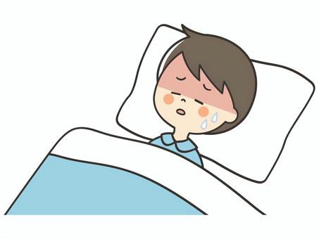 熱が出て休む男の子 熱,発熱,風邪,病気,寝込む,寝苦しい,うなされる,苦しい,しんどい,熱中症のイラスト素材