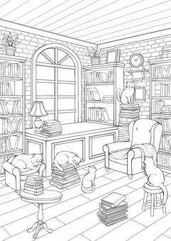 書斎と猫 ぬり絵,手書き,線画,白黒,塗り絵,ぬりえ,書斎,猫,複数,大人向けのイラスト素材