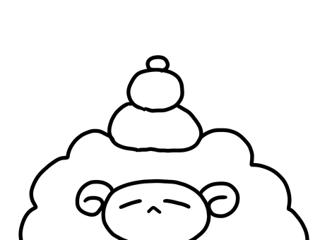 鏡餅を頭にのせるひつじ　線画 羊,動物,鏡餅,餅,正月,手描き,かわいい,線画,主線のみ,モノクロのイラスト素材