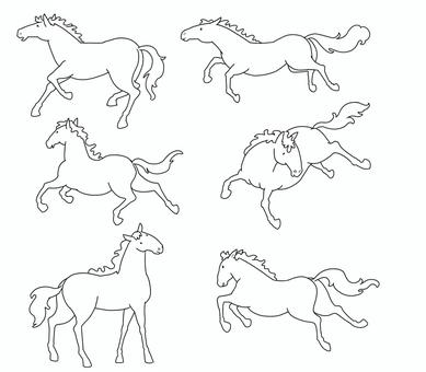躍動する馬の線画　② 馬,躍動,線画,横向き,６パターン,午のイラスト素材