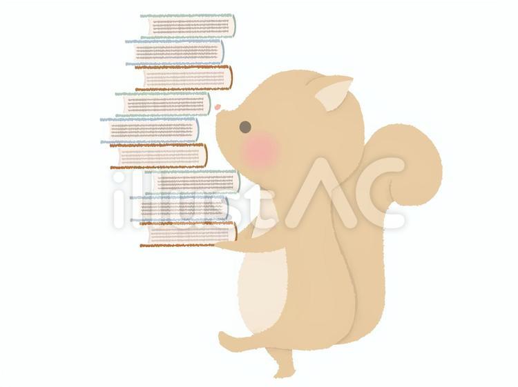 積み上げた本を運ぶリスのイラスト　線なし 本,リス,動物のイラスト素材