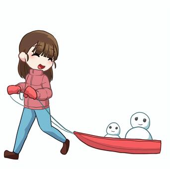 ソリを引く女性 人物,生活,全身,女性,冬,ソリ,引く,雪だるま,ダウンジャケット,手袋のイラスト素材