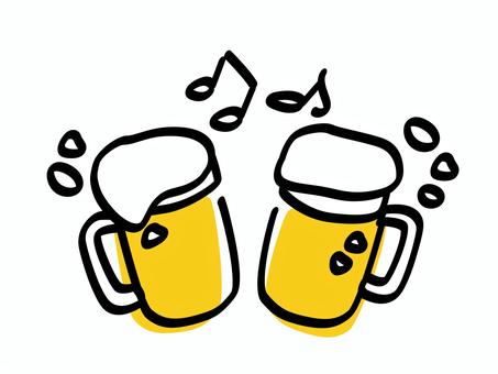 ビールで乾杯_色ズレゆるい絵 ビールで乾杯_色ズレゆるい絵 ビール,ジョッキ,泡,手書き,手描き,乾杯,ふたり,音符,ゆるい,色ずれのイラスト素材
