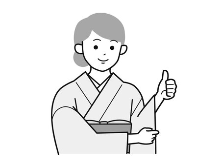 グッドサインする着物女性A右向／白黒 親指,笑顔,グッド,女性,お母さん,着物,講師,20代,30代,40代のイラスト素材