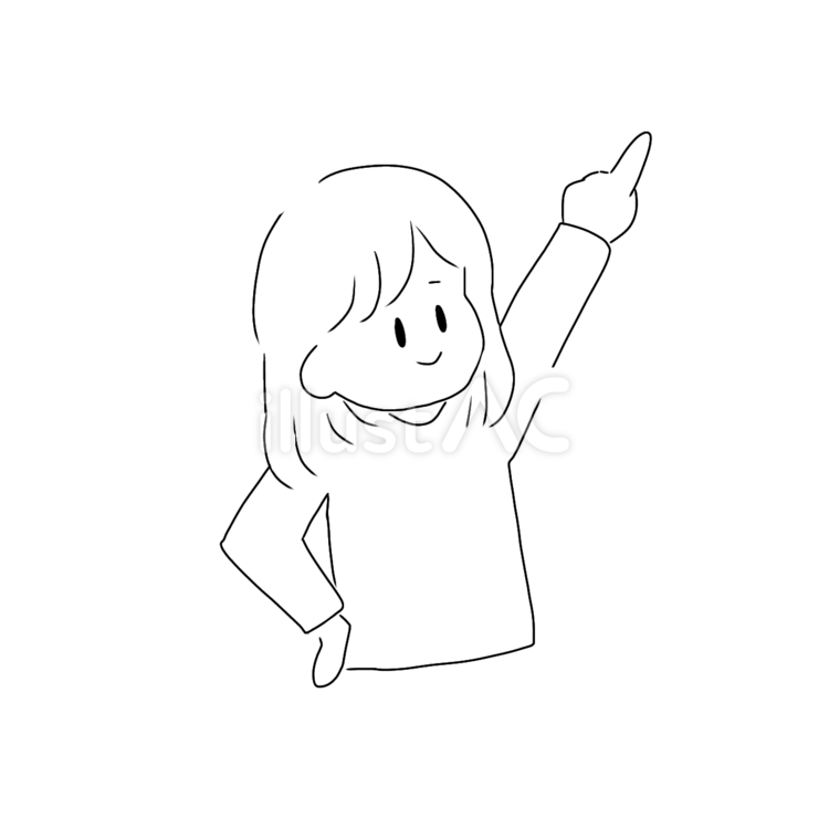 腰に手を当て右上を指さす女性 女性,指,右上のイラスト素材