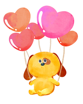 水彩画_ハートの風船で飛ぶ_03 犬,動物,手描き,水彩画,水彩,水彩風,水彩画風,パーティー,誕生日,祝うのイラスト素材