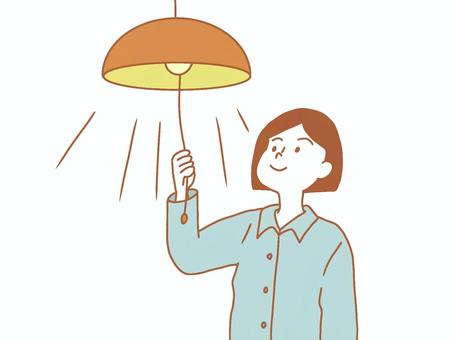 電気をつける女性 電気,ペンダントライト,ライト,紐,引っ張る,レトロ,女性,女の人,ボブ,パジャマのイラスト素材