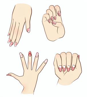 ネイルをした手のイラストセット 人物,生活,手,ネイル,爪,フレンチネイル,マグネットネイル,逆フレンチ,ハート,グラデーションネイルのイラスト素材