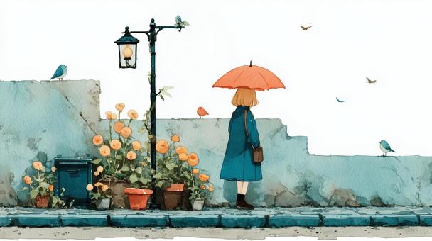 Back view of a girl standing with an orange umbrella, JPG Back view of a girl standing with an orange umbrella, kız, arka plan, şemsiye, JPG
