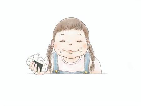 おにぎりを食べる女の子 おにぎり,おむすび,塩おにぎり,米,海苔,ご飯粒,女の子,ほっぺた,ぽっちゃり,三つ編みのイラスト素材