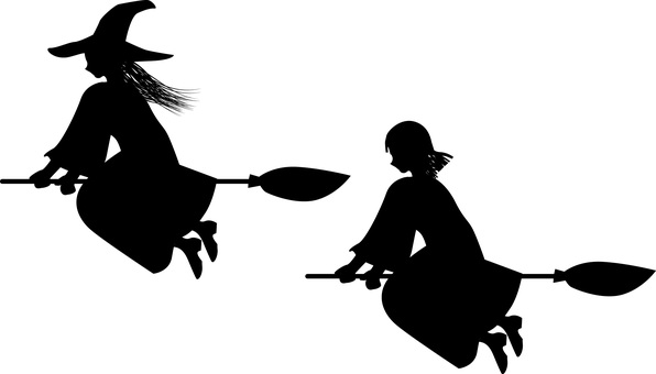 魔女飛ぶ 魔女,飛ぶ,ほうき,2人,見習い,移動,メルヘン,女性,シルエットのイラスト素材