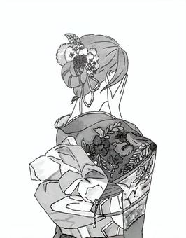 振袖(白黒) 振袖(白黒) 振袖,着物,和風,髪飾り,花柄,帯,後ろ姿,女性,成人式,成人の日のイラスト素材