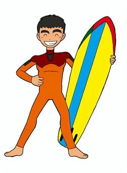 サーファー男性　イラスト 男性,黒髪,太い,眉毛,笑顔,サーフボード,背景,色なしのイラスト素材