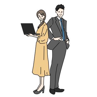 ビジネスチーム男女 男性,女性,男女,ペア,チーム,グループ,ノートパソコン,全身,笑顔,明るいのイラスト素材