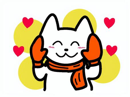 手袋とマフラーでほっこりするネコさん ネコ,ねこ,かわいい,手描き,あしらい,手袋,マフラー,暖かい,冬,防寒のイラスト素材