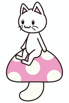 水玉の毒きのこに座る白にゃんこカード きのこ,猫,かわいい,毒キノコ,デフォルメ,秋,ほのぼののイラスト素材