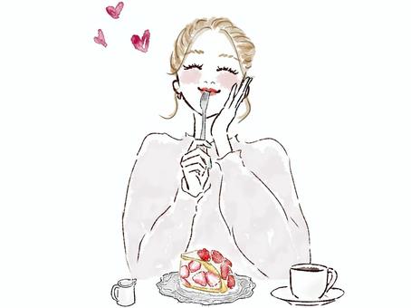 苺のケーキを満面の笑顔で食べる幸せな女性 女性,ケーキ,食べる,イチゴ,苺,フルーツ,おいしい,コーヒー,ハート,幸せのイラスト素材
