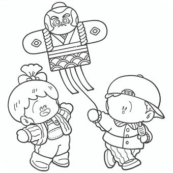 凧上げをする子どもたちの白黒イラスト 凧上げ,正月,手描き,奴凧,凧,遊び,凧揚げ,やっこ凧,子ども,人物のイラスト素材