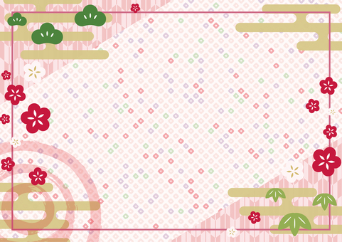 新春チラシ背景-29 背景,和柄,フレーム,雲,霞,霞文様,梅,矢絣,鹿の子,松のイラスト素材