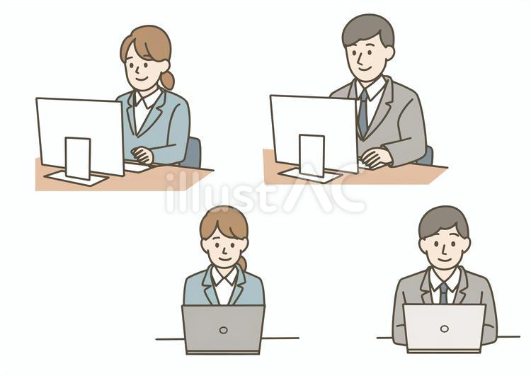 パソコン作業している会社員のセット フラット,会社員,ビジネスマンのイラスト素材