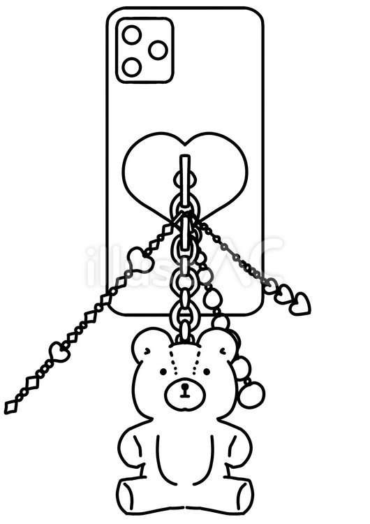 スマホにたくさんのストラップと熊　線画 テディベア,ストラップ,スマホのイラスト素材