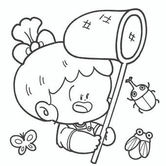 虫とりをする子どもの白黒手描きイラスト 夏休み,白黒,虫とり,子ども,夏,7月,8月,手描き,かわいい,蝉のイラスト素材
