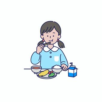 給食を食べる女の子のイラスト 人物,園児,給食,幼稚園,保育園,子ども,女の子,食事,ごはん,牛乳のイラスト素材