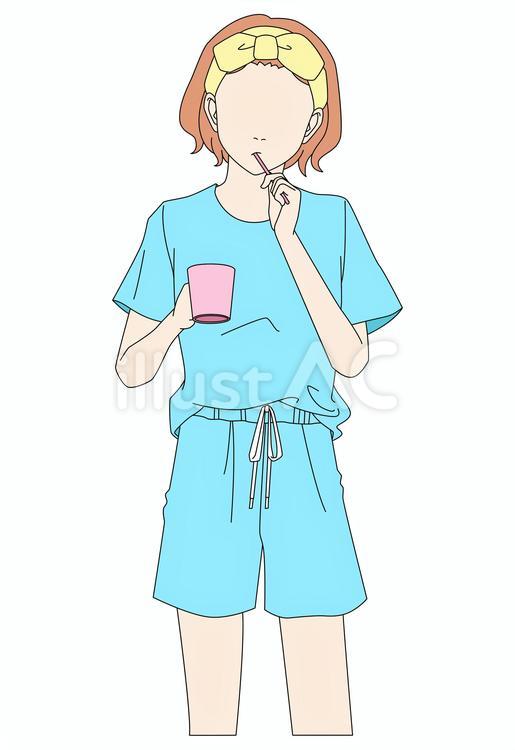 歯磨きをする寝起きのパジャマの女性無表情 歯磨き,女の子,寝起きのイラスト素材