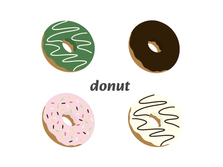 ドーナツのイラスト ドーナツ,ドーナッツ,抹茶ドーナツ,チョコレートドーナツ,ストロベリードーナツ,ホワイトチョコレートドーナツ,スイーツ,食べ物,カフェ,手描きのイラスト素材