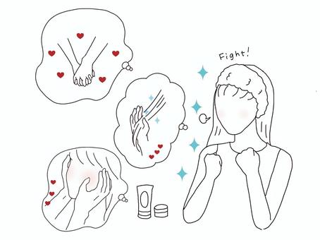 恋する女性　自分磨き 恋愛,女性,自分磨き,ヘアバンド,化粧品,ハート,手,つなぐ,髪,触るのイラスト素材