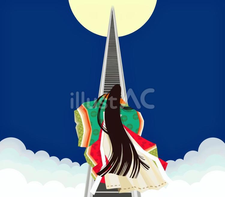 かぐや姫エスカレーターで月へ行く かぐや姫,十二単,後ろ姿のイラスト素材