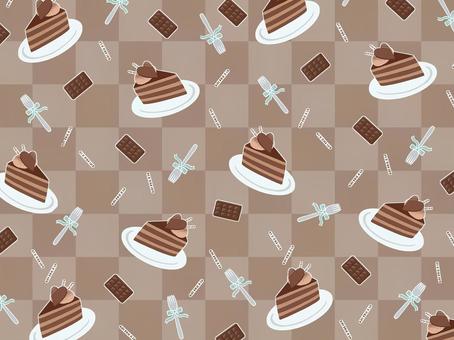 チョコケーキ（茶色）背景 チョコケーキ,チョコレート,ハート,チョコ,板,巻き,くるくる,フォーク,リボン,市松模様のイラスト素材