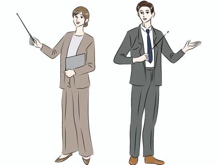 プレゼン　講演　講義　女性　男性 プレゼン,女性,男性,全身,講演,スーツ,学校,先生,シンプル,爽やかのイラスト素材