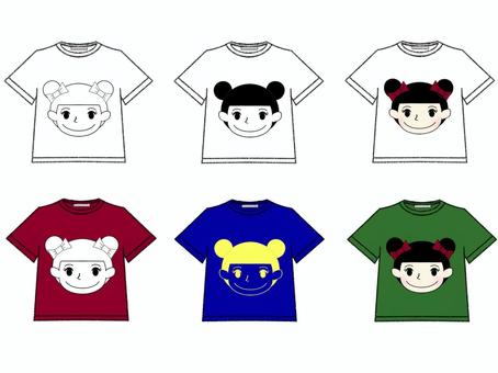 Ｔシャツに女の子 ｔシャツ,女の子,お団子ヘアー,赤いリボン,白,えんじ,青,緑のイラスト素材