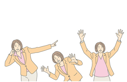 人物素材236＿女性セット バンザイ,指差し,手描き,セット,女性,ビジネスウーマン,チーム,笑顔,ポーズ,イラストのイラスト素材