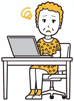  大阪のおばちゃん(黄)-131-全身 パソコン,困る,おばちゃん,大阪,ヒョウ柄,おばはん,中年,女性,関西,派手のイラスト素材