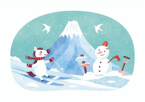スキーを楽しむ馬(午)と雪だるま_水彩1 スキーを楽しむ馬(午)と雪だるま_水彩1 スキー,馬,午,午年,富士山,雪だるま,年賀状,寒中見舞い,冬,1月のイラスト素材