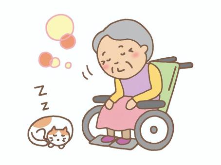 車椅子でウトウトするおばあちゃんと猫 おばあさん,車椅子,膝掛け,ウトウト,うたた寝,猫,丸い,ぶち,こっくり,ポカポカのイラスト素材