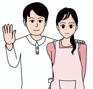 仲良し夫婦　 夫婦,仲良し,手,振る,男性,女性,2人,エプロン,生活,線画のイラスト素材
