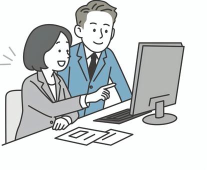 PCを見ながら説明する男女の会社員 人物,女性,男性,説明,ミーティング,会議,意見,ビジネスマン,会社員,パソコンのイラスト素材