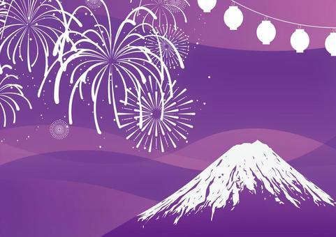 可愛い夏の夜の花火と富士山の和風素材 夏,花火,提灯,富士山,日本,和風,曲線,紫色,背景のイラスト素材