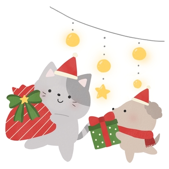 クリスマスプレゼントを持った猫と犬 クリスマス,プレゼント,猫,犬,サンタ,帽子,イルミネーション,ライト,ガーランド,動物のイラスト素材