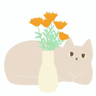 のんびりするネコとオレンジの花 猫,花,花瓶,かわいい,のんびり,明るい,丸まった,アイコン,穏やか,落ち着いたのイラスト素材