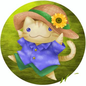 真夏のにゃんこ 動物,猫,メルヘン,ファンタジー,手描き,ポストカード,絵葉書,かわいい,なごみ,面白いのイラスト素材