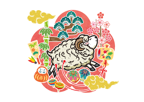羊イラスト42 年賀状素材,年賀はがき素材,羊,未,未年,干支,十二支,版画風,新年,新春のイラスト素材