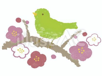 梅とうぐいすのちぎり絵風、背景なし
