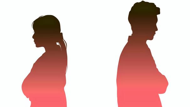 背中向きに離れて立つ男女2人のシルエット 男女,女性,男性,人物,カップル,夫婦,2人,シルエット,イラスト,シンプルのイラスト素材